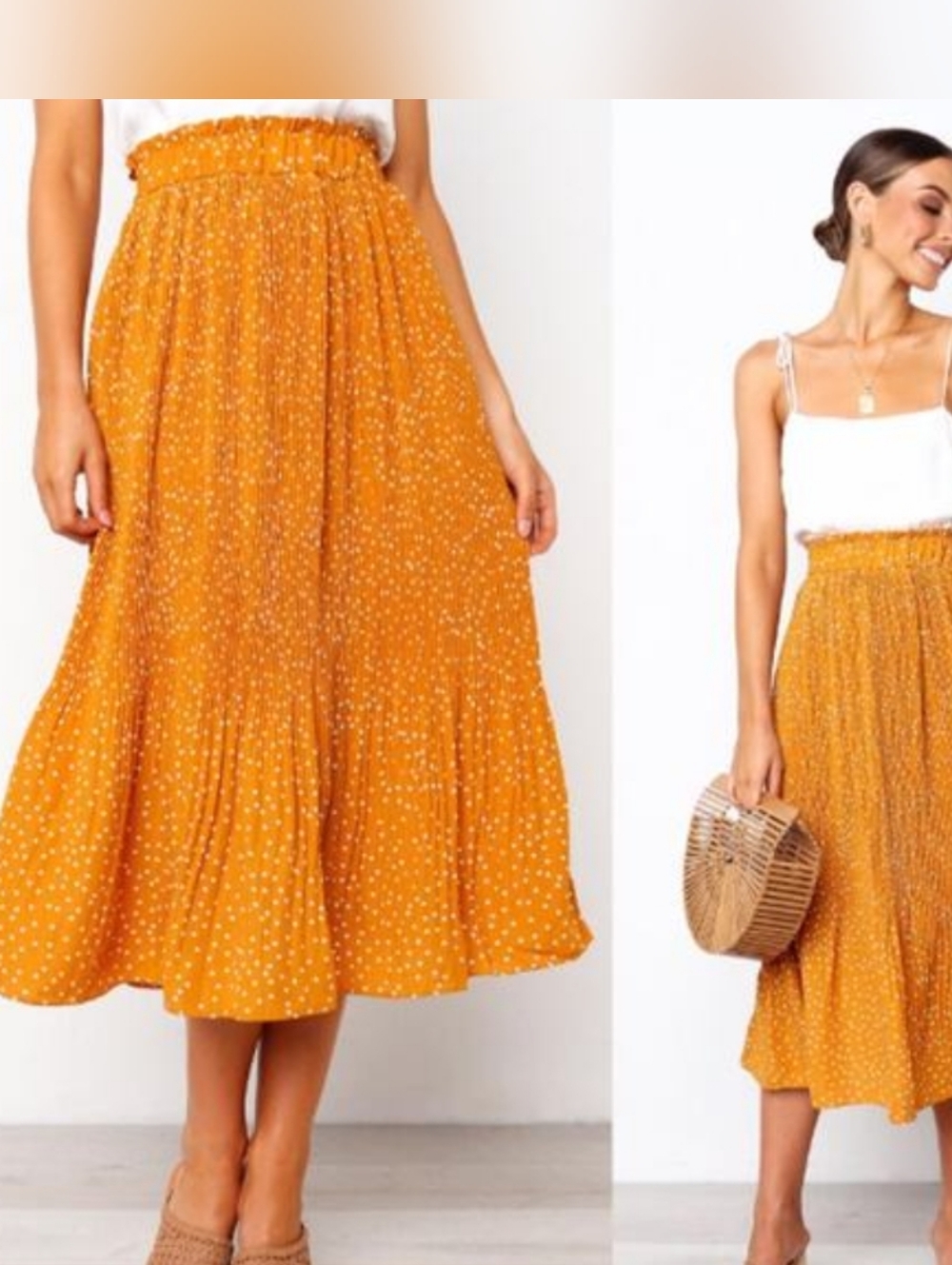 Exlura Skirt Size M Orange Polka Dot Midi Pleated Casual High Waist Elastic Flow